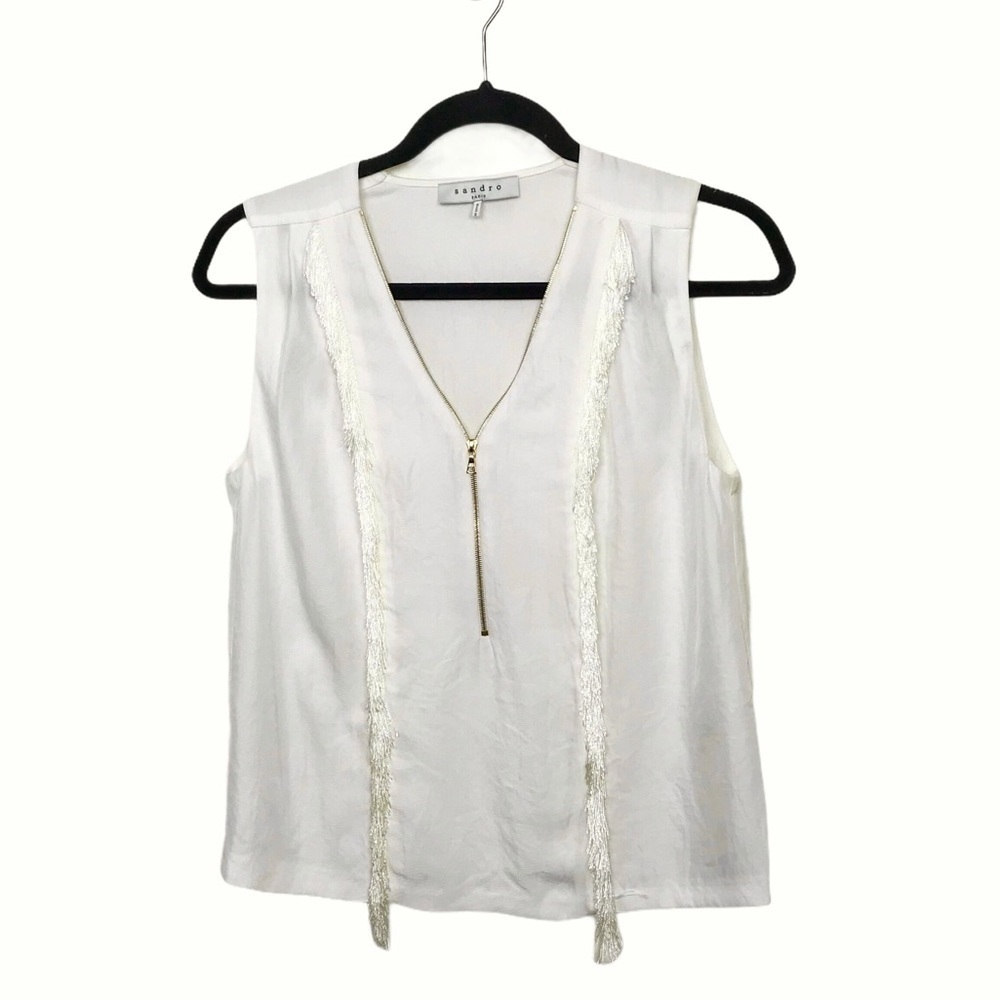 Sandro Paris Ivory Fringe Zip Sleeveless Tank Blouse
